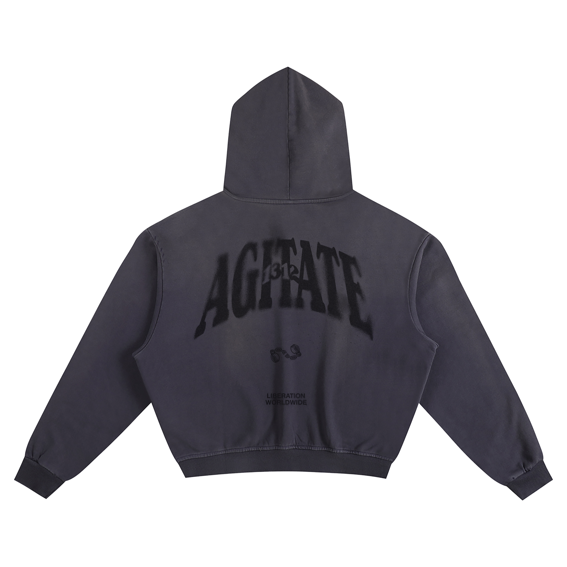 Dark gray hoodie with 'AGITATE' text on the back against 
